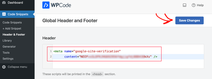 将 Google Meta 标签粘贴到 WPCode 将 Google Meta 标签粘贴到 WPCode