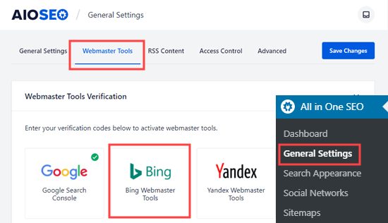 在 All in One SEO 的站长工具页面中选择 Bing Webmaster Tools 选项 在 All in One SEO 的站长工具页面中选择 Bing Webmaster Tools 选项