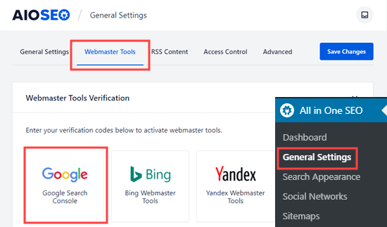 AIOSEO 中的 Webmaster Tools 页面，选择 Google Search Console