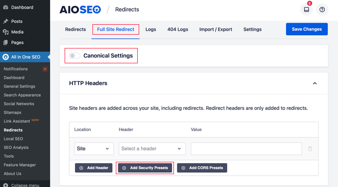 在 AIOSEO 中添加安全预设 在 AIOSEO 中添加安全预设