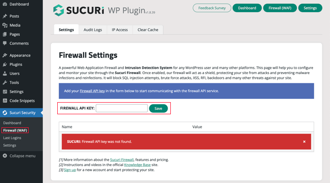 Sucuri WAF API 密钥 Sucuri WAF API 密钥