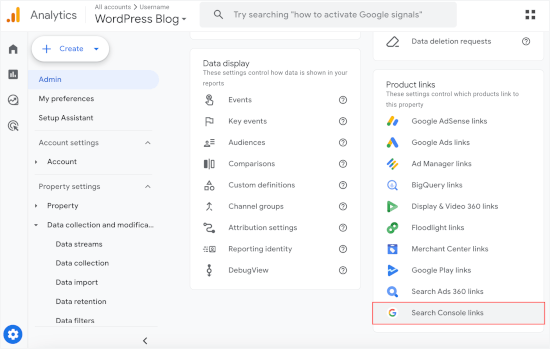 Google Analytics中的Search Console菜单 Google Analytics中的Search Console菜单