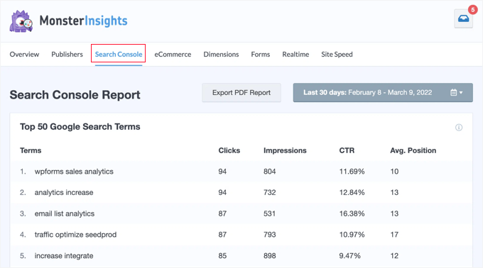 在MonsterInsights中查看Search Console报告 在MonsterInsights中查看Search Console报告