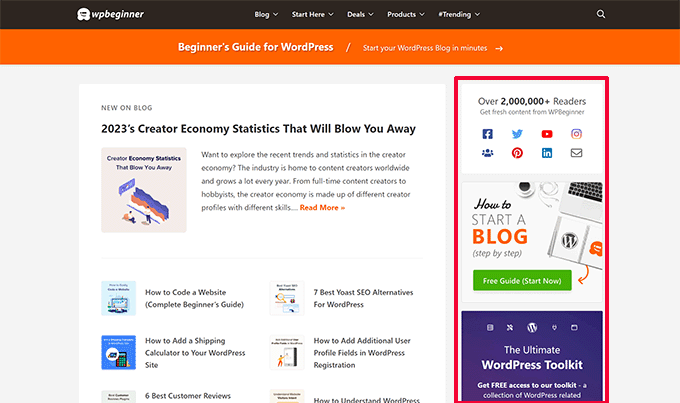 WordPress 网站布局中的侧边栏示例