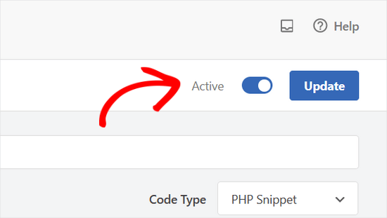 在 WPCode 中将代码片段切换到“激活”并点击“更新” 在 WPCode 中将代码片段切换到“激活”并点击“更新”