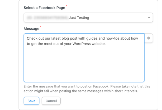 选择要发布的 Facebook 页面