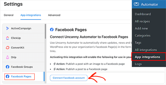 连接 Facebook 到 Uncanny Automator 连接 Facebook 到 Uncanny Automator