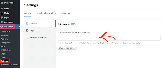 输入 Uncanny Automator 许可证 输入 Uncanny Automator 许可证