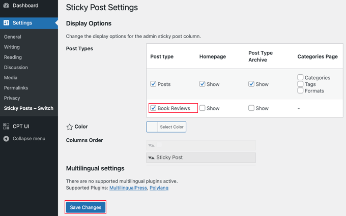 进入设置 » Sticky Posts - Switch 页面配置插件