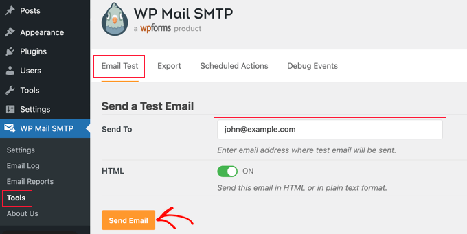 使用 WP Mail SMTP 发送测试邮件 导航到 WP Mail SMTP » 工具