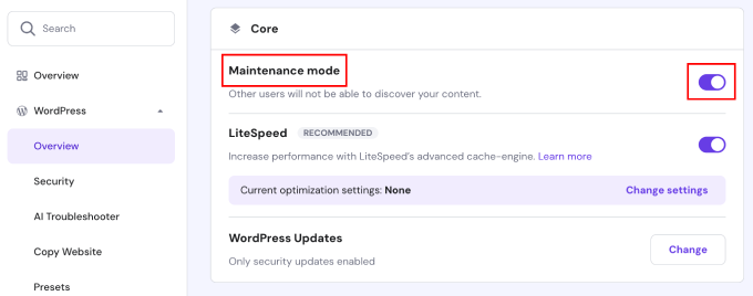 Hostinger hPanel 概览菜单维护模式