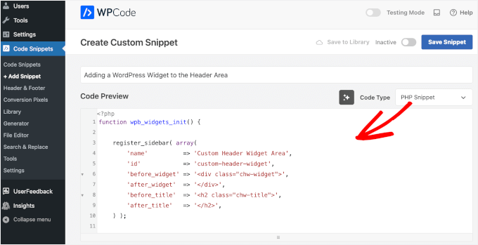 使用 WPCode 添加 PHP 代码片段以向头部区域添加 WP 小工具 使用 WPCode 添加 PHP 代码片段以向头部区域添加 WP 小工具