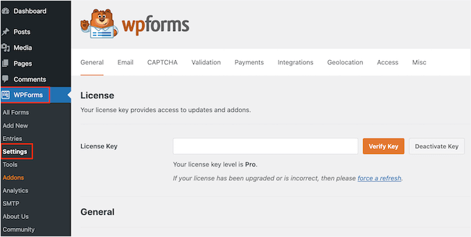 输入 WPForms 许可证密钥 输入 WPForms 许可证密钥