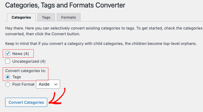 Selecting categories to convert to tags in WordPress