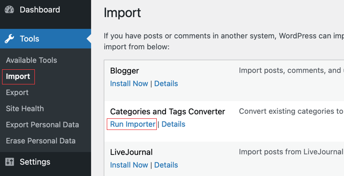 Running the categories and tags converter tool in WordPress