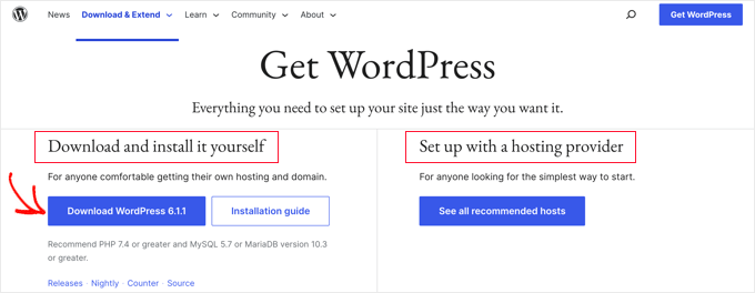 点击“下载 WordPress”按钮 点击“下载 WordPress”按钮