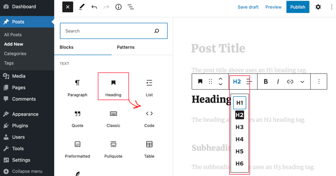 使用 WordPress 块编辑器轻松添加标题标签