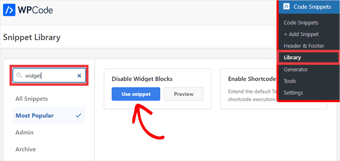 从 WPCode 库中选择禁用 Widget 块代码片段 从 WPCode 库中选择禁用 Widget 块代码片段