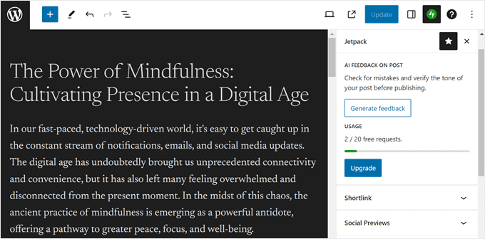 JetPack 的 AI 写作助手在 WordPress.com 块编辑器中
