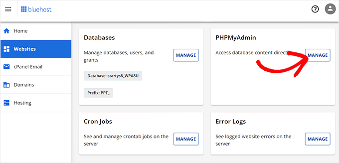 点击 phpMyAdmin 旁边的管理按钮 点击 phpMyAdmin 旁边的管理按钮