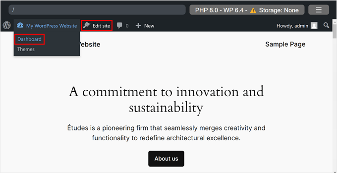 进入 WordPress Playground 仪表盘或全站编辑器