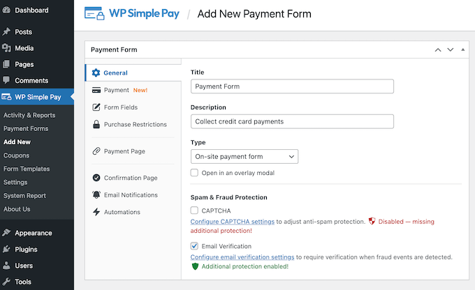 WP Simple Pay 中的支付表单常规设置