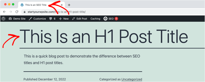 文章中 H1 标题与浏览器标签页中 SEO 标题的示例
